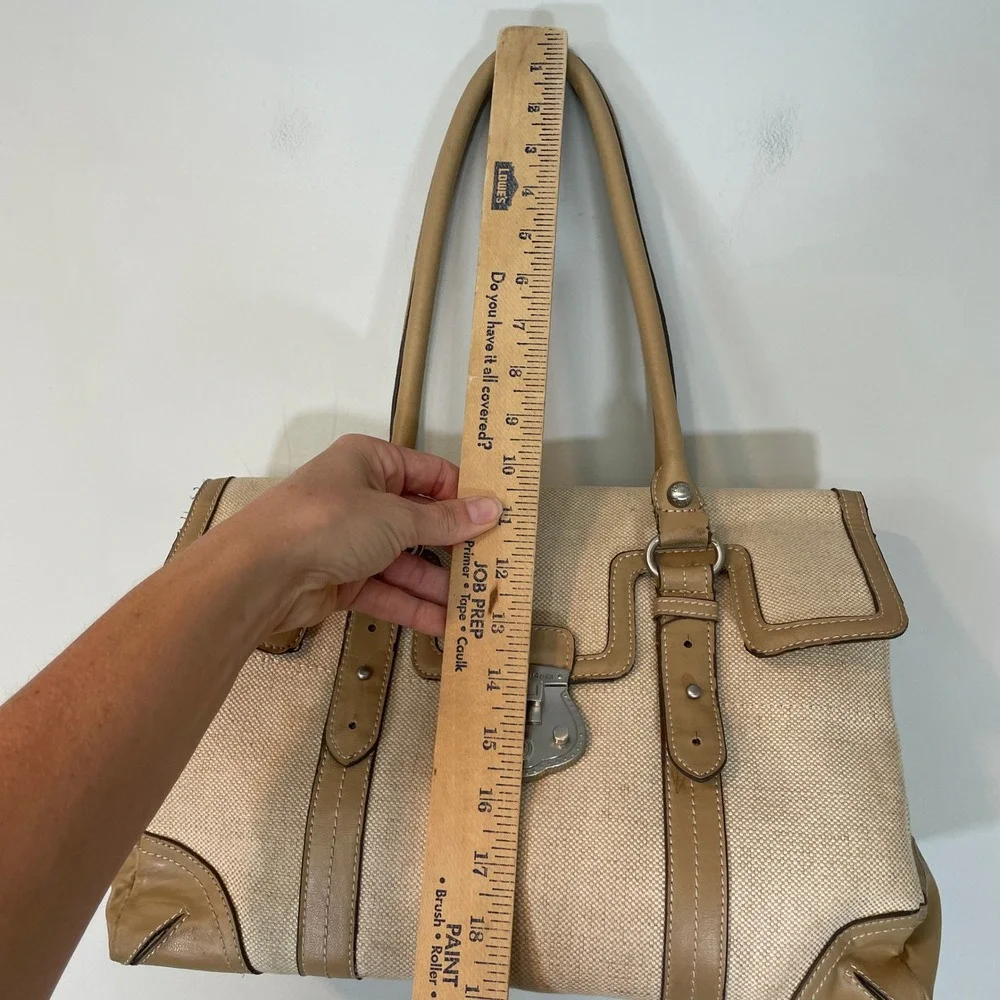Etienne Aigner Jute Canvas and Leather Satchel Shoulder Bag Tan Beige Doctor Bag